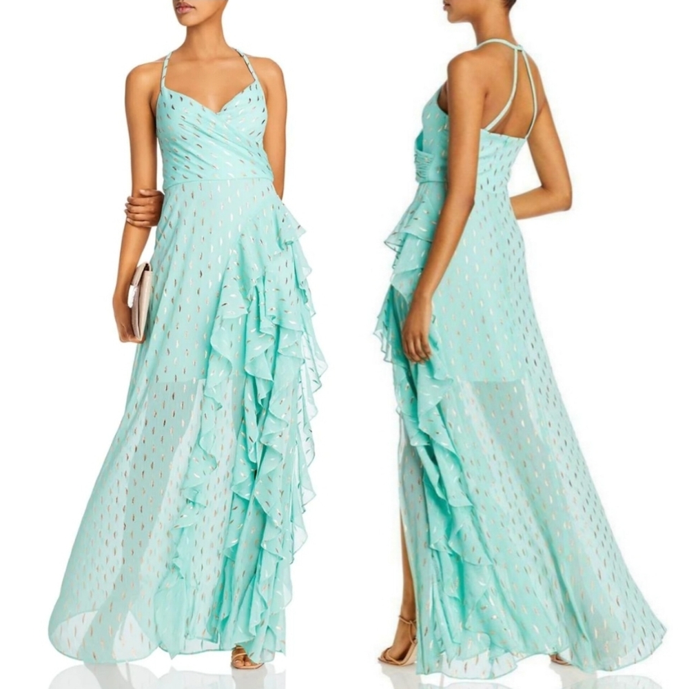 🔥Aqua Gold and Green Metallic Print Ruffled Gown